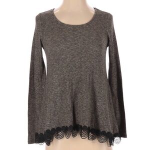 Quinn gray ribbed knit lightweight sweater black lace‎ trim size small